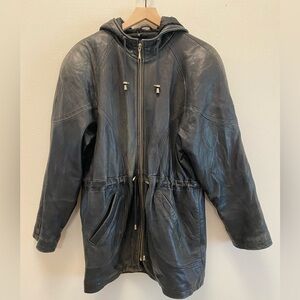 Vintage Valerie Stevens Womens Black Leather Hooded Small Jacket Cinched Waist